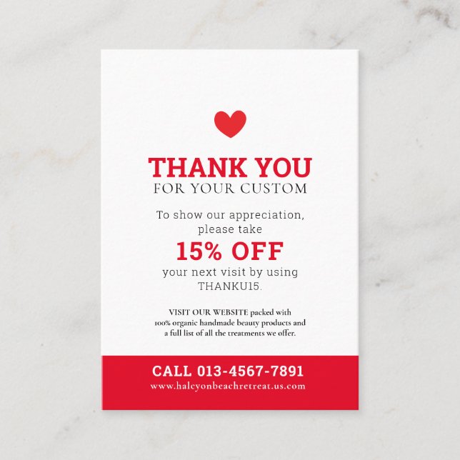 Thank you photo beauty promo red white business business card (Front)