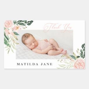 Thank you photo blush floral birth announcement rectangular sticker