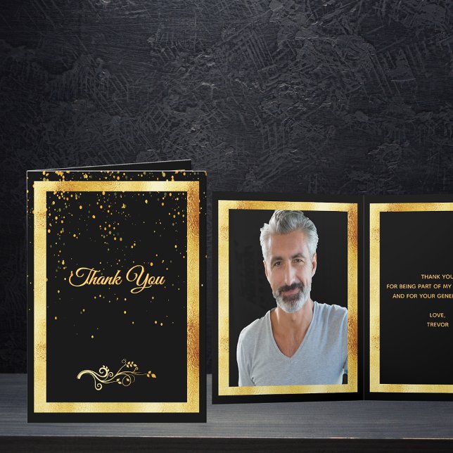 Thank you photo card birthday black gold confetti (Creator Uploaded)