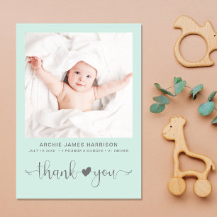 Thank You Photo Heart Arrow Soft Grey Mint Birth Announcement