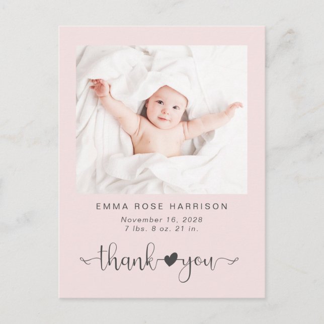 Thank You Photo Pink Girl Birth Announcement Postcard (Front)