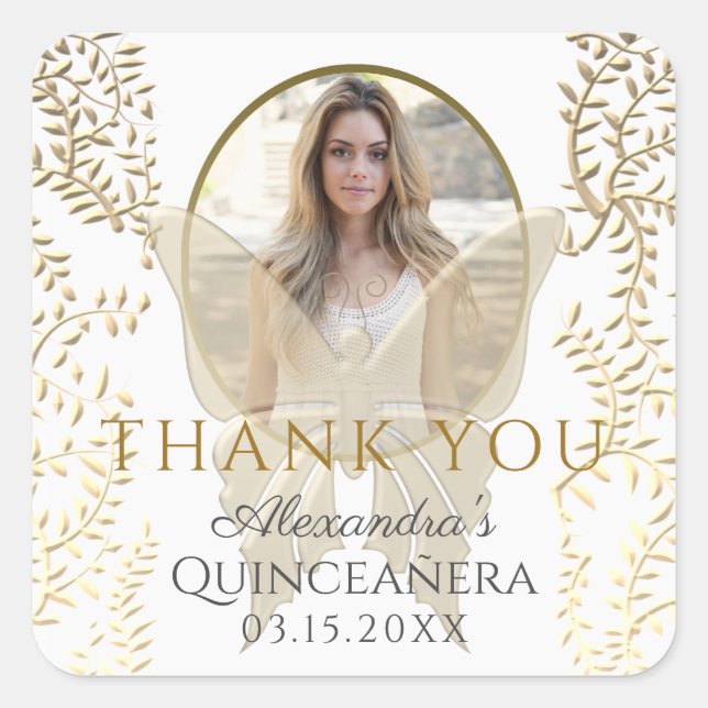 Thank You, Photo Quinceanera Gold Square Sticker (Front)