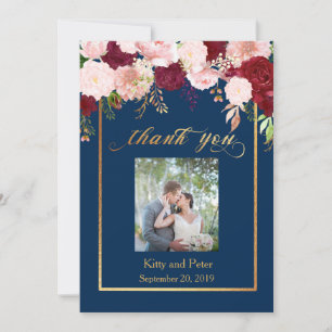 Thank You Photo Wedding Floral Navy Burgundy Gold Card