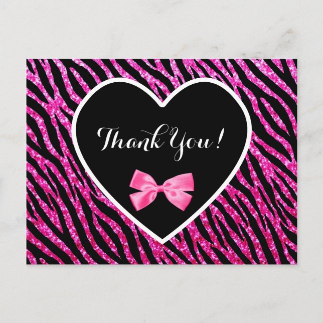 Thank You Pink Black Glam Zebra Faux Glitz Heart Postcard (Front)