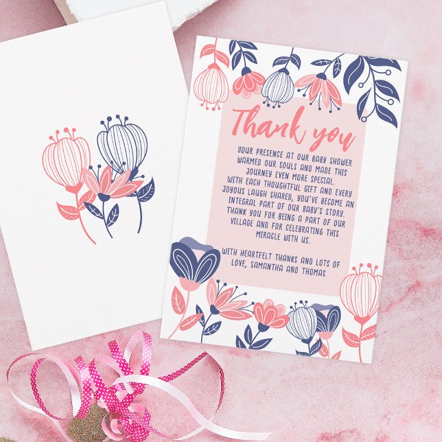 Thank You Pink Blue Flowers Botanical Baby Shower Card (Creator Uploaded)