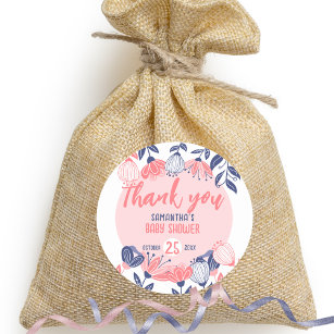 Thank You Pink Blue Flowers Botanical Baby Shower Classic Round Sticker