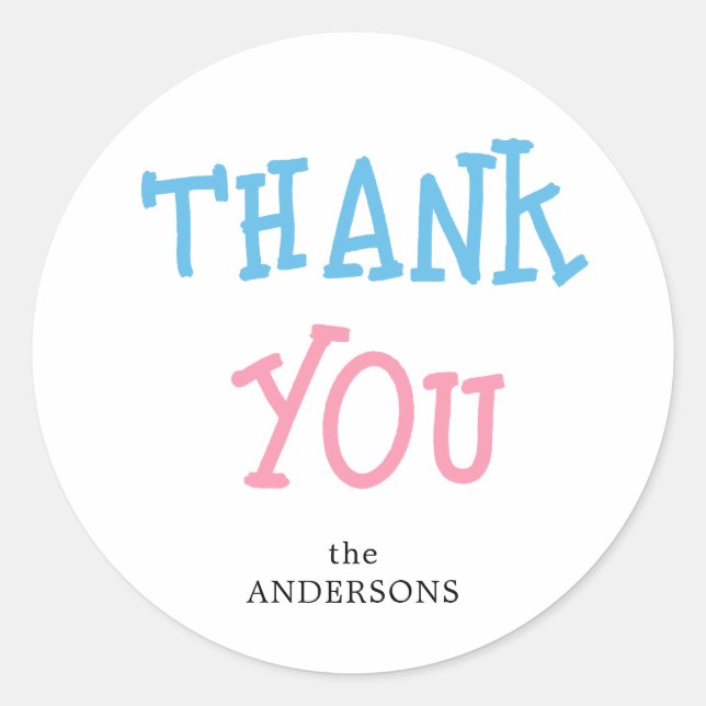 Thank You Pink Blue Gender Reveal Party Classic Round Sticker (Front)