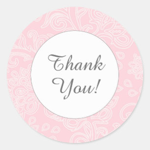 Thank you pink damask round favour stickers