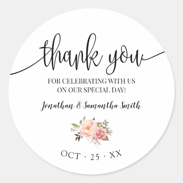 Thank you pink floral boho chic wedding classic round sticker (Front)