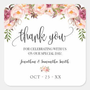 Thank you Pink floral boho chic wedding Square Sticker