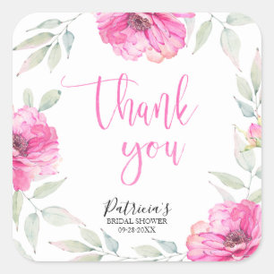 Thank You Pink Floral Watercolor Bridal Shower Square Sticker