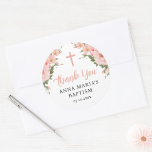 Thank You Pink Flowers Girl Baptism Classic Round Sticker