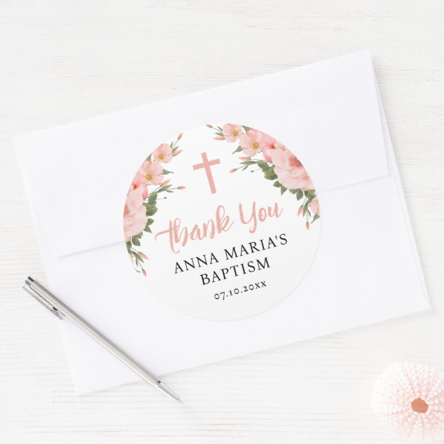 Thank You Pink Flowers Girl Baptism Classic Round Sticker (Envelope)