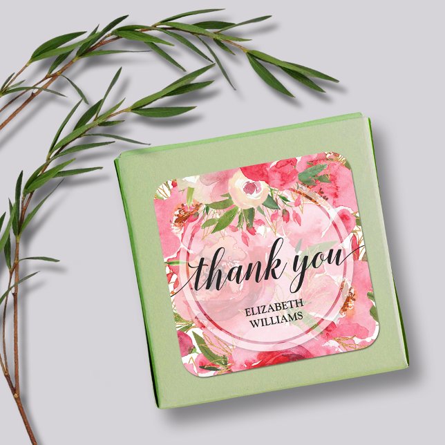 Thank You Pink Flowers Square Sticker (3" square stickers with your name and Thank You on pink and cream peony flowers)