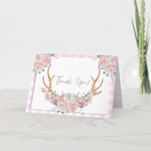 Thank You   Pink Gingham BOHO Floral Antlers Card