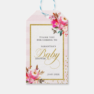 Thank You Pink Glitter Floral Elegant Baby Shower Gift Tags