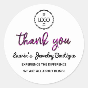 Thank You Pink Glitter Script Name Logo White Classic Round Sticker