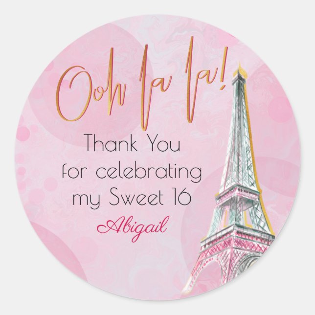 Thank You Pink Gold Paris Eiffel Tower Sweet 16 Classic Round Sticker (Front)