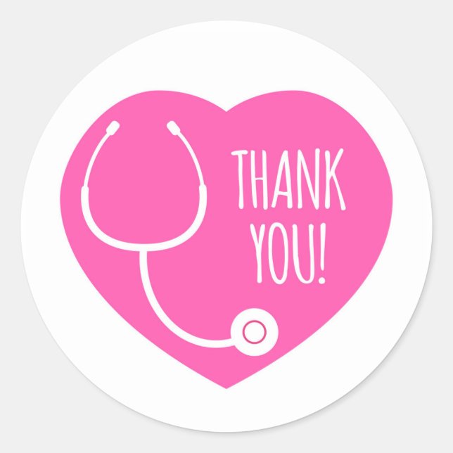 Thank You | Pink Heart Stethoscope Classic Round Sticker (Front)
