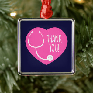 Thank You   Pink Heart Stethoscope Metal Tree Decoration