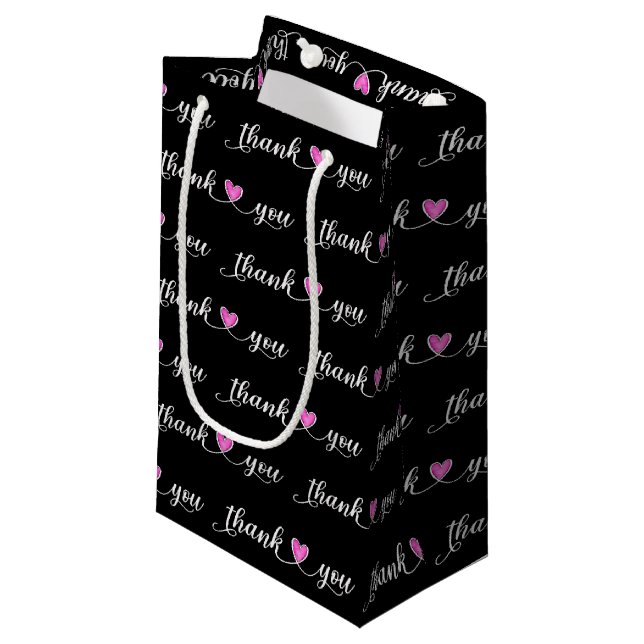 Thank You Pink Hearts On Black Small Gift Bag (Front Angled)