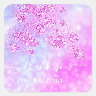 Thank You Pink Holographic Blue Floral 16th Square Sticker