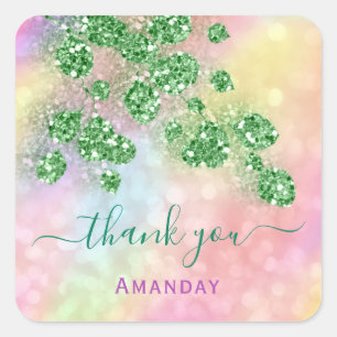 Thank You Pink Holographic Makeup Floral Green Square Sticker