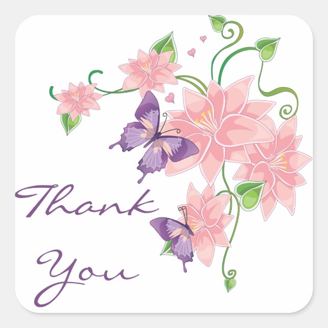 Thank You Pink Lilies Floral Butterfly Stickers (Front)