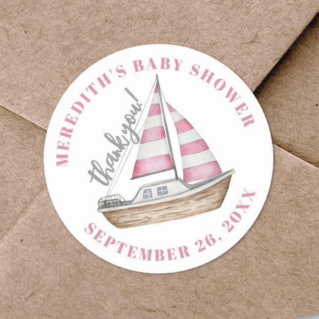 Thank You Pink Nautical Baby Shower Classic Round Sticker (Thank You Pink Nautical Baby Shower Classic Round Sticker )