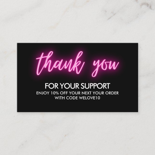 Thank you Pink Neon Instagram Discount Business Card (Front)