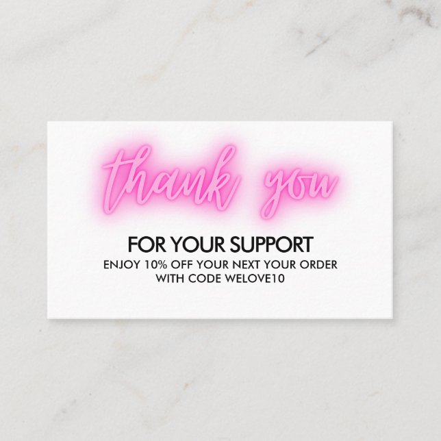Thank you Pink Neon Instagram Discount Business Card (Front)