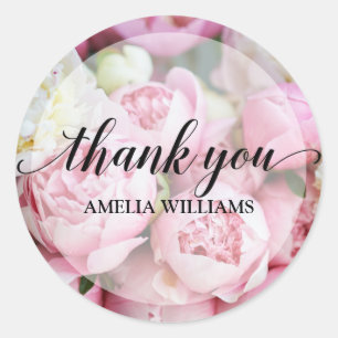 Thank You Pink Peonies Floral Classic Round Sticker