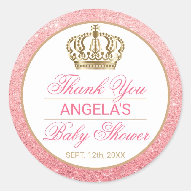 Thank You Pink Princess Gold Crown Baby Shower Classic Round Sticker (Front)