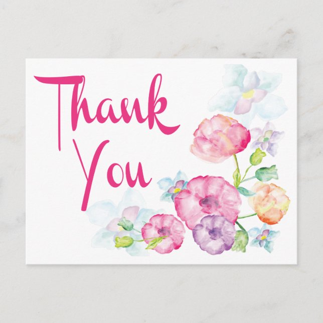 Thank You Pink & Purple Watercolor Flower Postcard (Front)