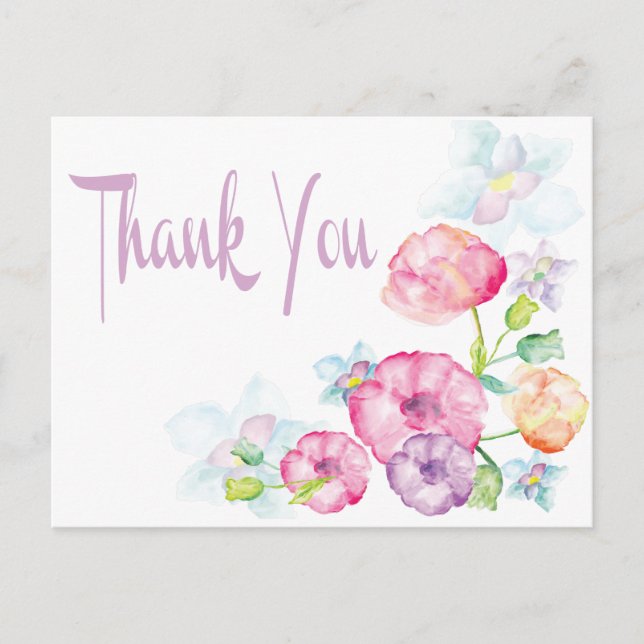 Thank You Pink & Purple Watercolor Flower Postcard (Front)