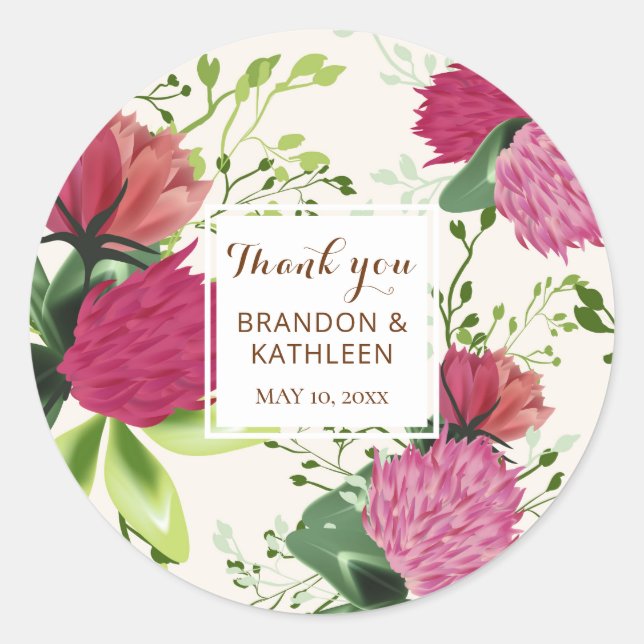 Thank You Pink & Red Clover Floral Wedding Classic Round Sticker (Front)
