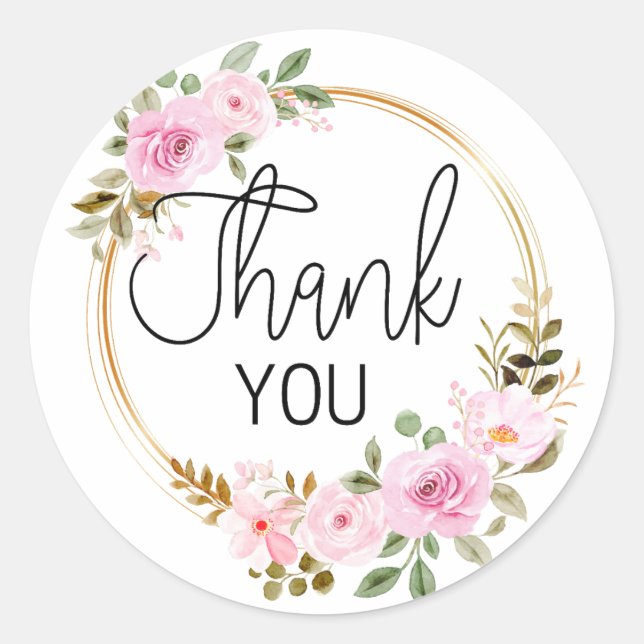 Thank You Pink Rose Floral Wreath Classic Round Sticker (Front)
