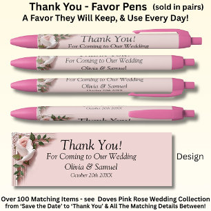 Thank You, Pink Roses & Doves Wedding Black Ink Pen