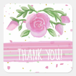 Thank You Pink Watercolor Roses Floral Square Sticker