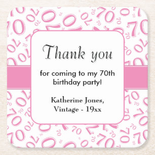 Thank You: Pink/White 70th Random Number Pattern Square Paper Coaster