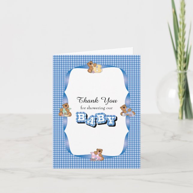 Thank You Plaid with Baby Bears | Baby Boy Shower Card (Front)