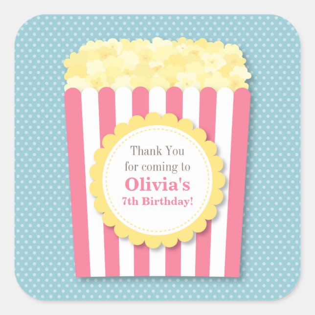 Thank You Popcorn Kids Birthday Party Stickers (Front)