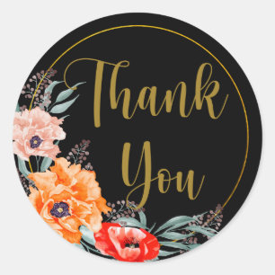 Thank You Poppy Flowers Black  Classic Round Sticker