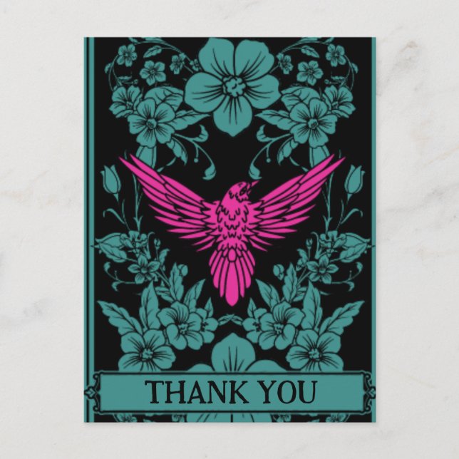 Thank You postcard. Exotic pink bird, dusky blue P Postcard (Front)