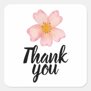 Thank You Pretty Soft Pink Watercolor Flower Square Sticker