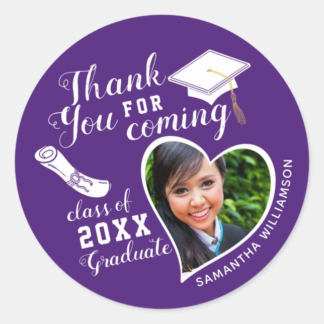 Thank You Purple and White Class 2025 Graduation Classic Round Sticker (Front)