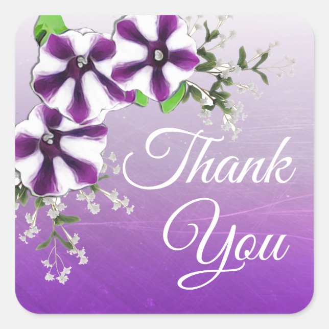 Thank You Purple Floral Petunia Square Sticker (Front)