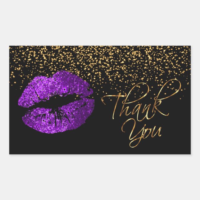 Thank You - Purple Lips with Gold Confetti Rectangular Sticker (Front)