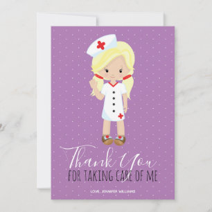 Thank You Purple Script Blonde Cartoon Nurse Card