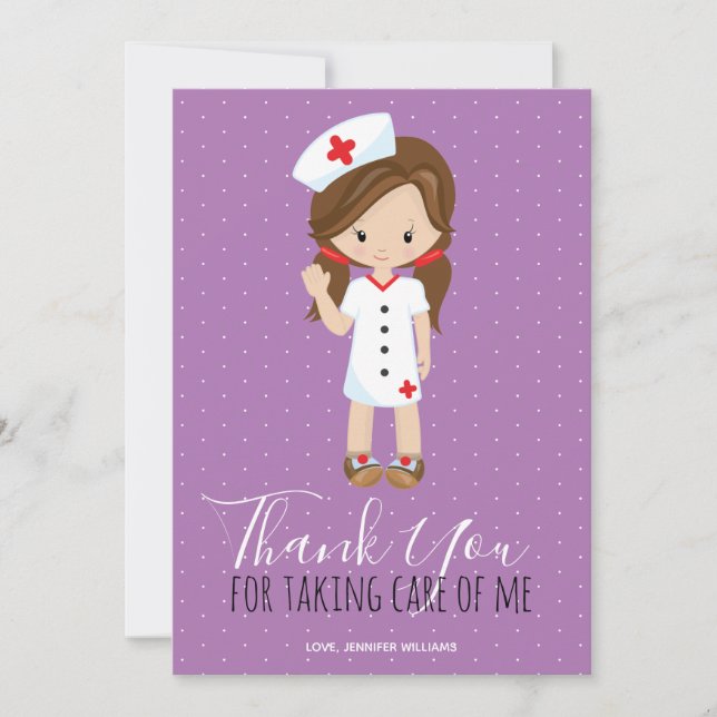 Thank You Purple Script Brunette Cartoon Nurse Card (Front)